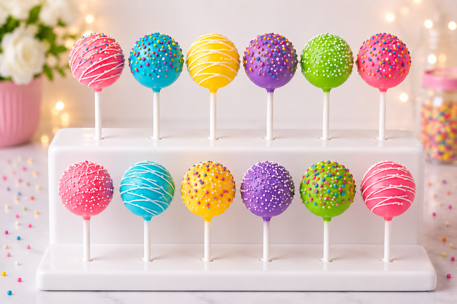 Twelve colorful cake pops