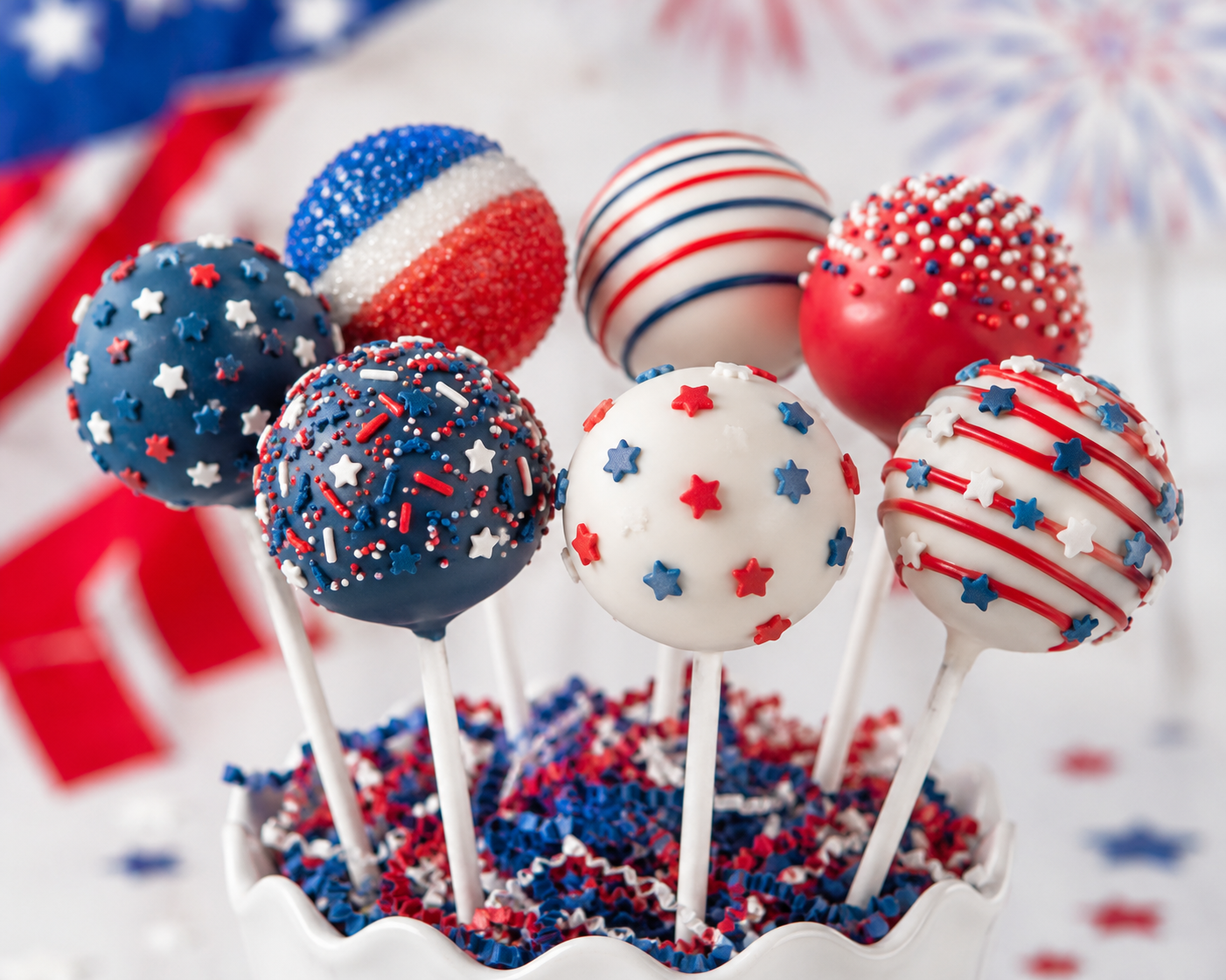 Red, white, and blue Fourth of July cake pops